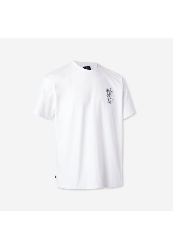 Decathlon - T-shirt z krótkimi rękawami na deskorolkę TS500 biały we współpracy z MLSL. Kolor: czarny, biały, wielokolorowy. Materiał: tkanina, prążkowany, materiał, bawełna, elastan. Długość rękawa: krótki rękaw. Długość: krótkie. Sport: skateboard