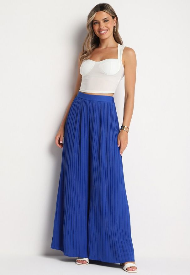 Born2be - Granatowe Spodnie Plisowane Szerokie z Wyższym Stanem Elirnasse. Stan: podwyższony. Kolor: niebieski