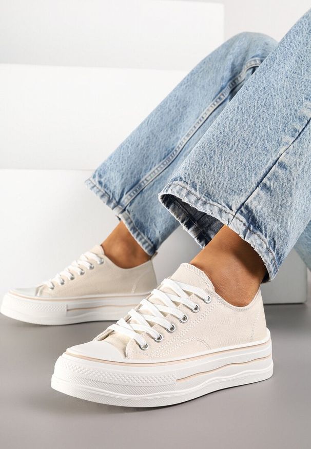 Born2be - Beżowe Klasyczne Trampki na Grubej Podeszwie Natileva. Okazja: na co dzień. Kolor: beżowy. Materiał: jeans. Szerokość cholewki: normalna. Styl: klasyczny