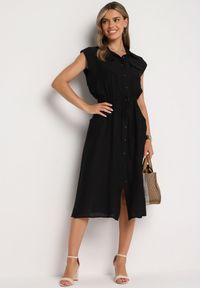 Born2be - Czarna Wiskozowa Sukienka o Koszulowym Kroju z Paskiem w Talii Mareviana. Kolor: czarny. Materiał: wiskoza. Typ sukienki: koszulowe. Styl: klasyczny #4