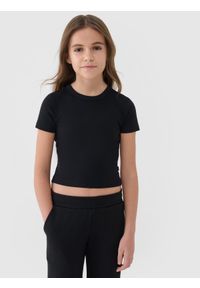4f - 4F T-shirt slim crop top gładki dziewczęcy - czarny 152 (11-12 lat). Okazja: na co dzień. Kolor: czarny. Materiał: dzianina, materiał, bawełna, elastan. Długość rękawa: krótki rękaw. Długość: krótkie. Wzór: gładki. Sezon: lato. Styl: sportowy, casual