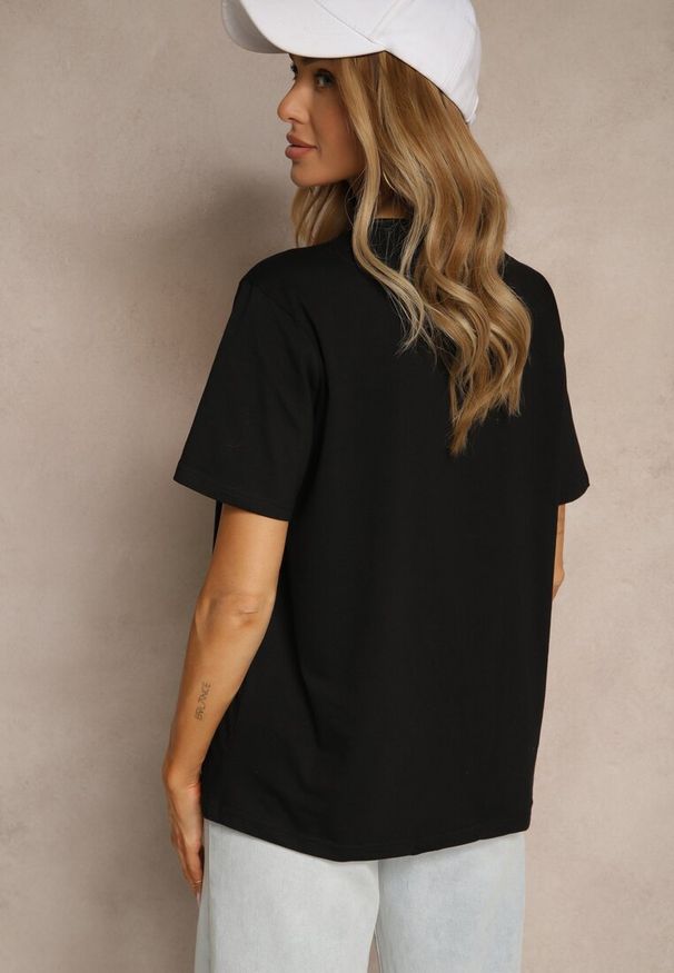 Renee - Czarny Bawełniany T-shirt Zdobiony Haftowanym Napisem z Cekinami Ulionis. Kolor: czarny. Materiał: bawełna. Wzór: aplikacja, napisy, haft. Styl: klasyczny, elegancki