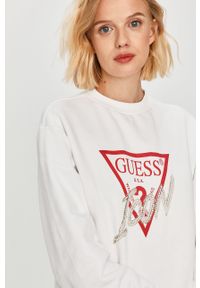 Guess Jeans - Bluza bawełniana. Typ kołnierza: bez kaptura. Kolor: biały. Materiał: bawełna, jeans. Wzór: nadruk, aplikacja #4