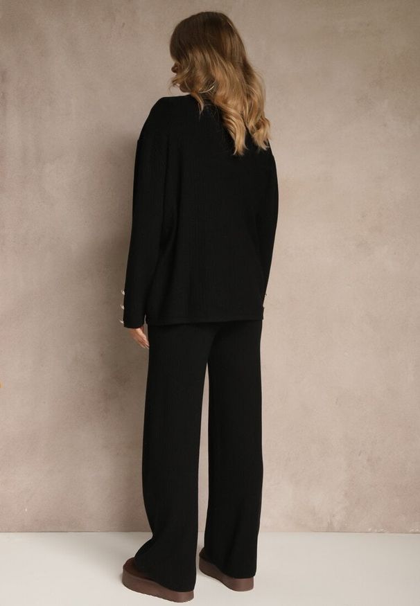 Renee - Czarny Komplet z Dzianiny z Bawełną Spodnie Kardigan i T-shirt z Golfem Ralonia. Kolor: czarny. Materiał: dzianina, bawełna