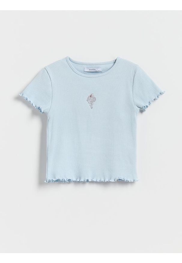 Reserved - Prążkowany t-shirt z aplikacją - jasnoniebieski. Kolor: niebieski. Materiał: prążkowany. Wzór: aplikacja