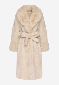 Born2be - Beżowy Futerkowy Płaszcz z Szerokim Kołnierzem i Mankietami z Wiązanym Paskiem Viaruna. Okazja: na co dzień, na imprezę. Kolor: beżowy. Materiał: dzianina. Długość rękawa: długi rękaw. Długość: długie. Styl: casual, elegancki #7