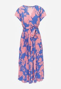 Renee - Niebiesko-Różowa Kopertowa Plisowana Sukienka Koktajlowa z Gumką i Paskiem w Talii Benelsea. Typ kołnierza: dekolt w kształcie V. Kolor: niebieski. Materiał: materiał. Typ sukienki: kopertowe. Styl: wizytowy #8