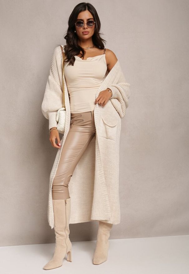 Renee - Jasnobeżowy Kardigan Długi z Bufiastym Rękawem Mesho. Kolor: beżowy. Materiał: jeans. Długość: długie. Styl: elegancki