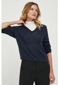 TOMMY HILFIGER - Tommy Hilfiger sweter wełniany damski kolor granatowy lekki. Kolor: niebieski. Materiał: wełna. Długość rękawa: długi rękaw. Długość: długie. Wzór: ze splotem