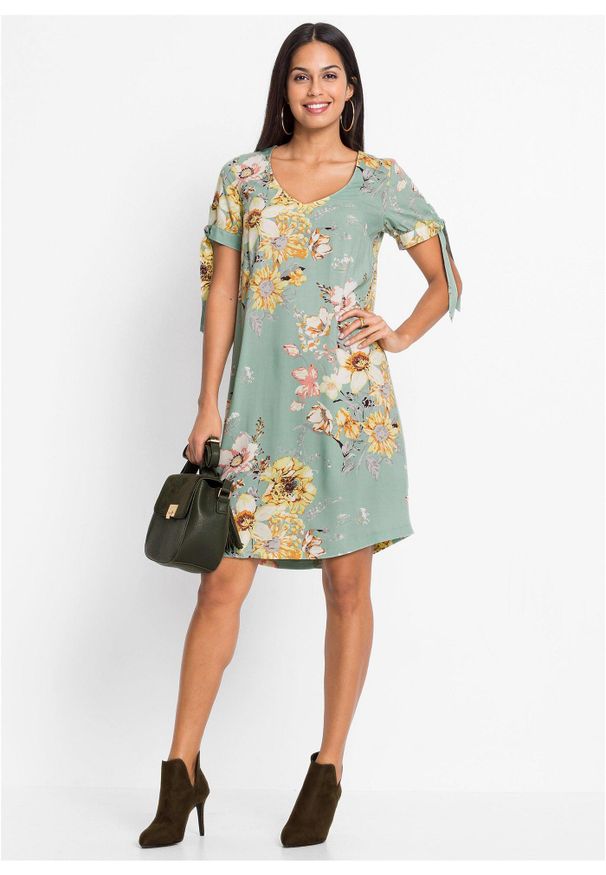 bonprix - Sukienka z lejącej wiskozy. Kolor: zielony. Materiał: wiskoza. Wzór: nadruk, aplikacja. Styl: elegancki