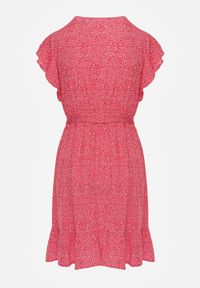 Renee - Czerwona Sukienka z Paskiem Mitho. Okazja: na co dzień. Kolor: czerwony. Materiał: wiskoza, materiał, tkanina. Wzór: kwiaty. Typ sukienki: kopertowe. Styl: casual. Długość: mini #7