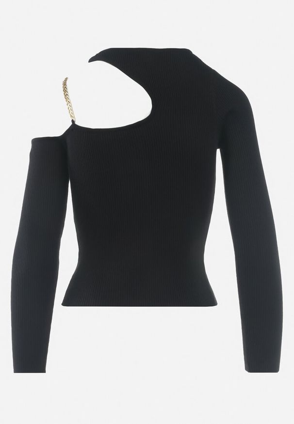 Born2be - Czarna Bluzka z Prążkowanej Dzianiny z Wycięciem i Łańcuszkiem Alansi. Kolor: czarny. Materiał: dzianina, prążkowany. Wzór: aplikacja