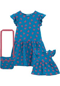 bonprix - Sukienka dziewczęca z dżerseju + torebka + sukienka dla lalek (3 części). Kolor: niebieski. Materiał: jersey