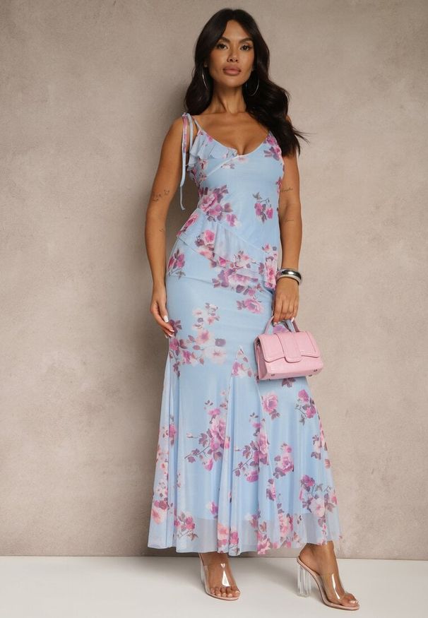 Renee - Niebieski Komplet w Kwiatowy Wzór Spódnica i Top Zdobiony Falbanami i Wiązaniem Saraveira. Kolor: niebieski. Wzór: aplikacja, kwiaty