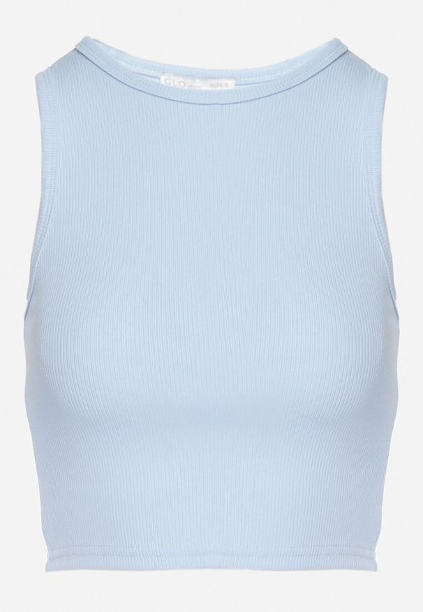 Born2be - Jasnoniebieski Krótki Tank Top z Prążkowanej Tkaniny Nevallia. Okazja: na co dzień. Kolor: niebieski. Materiał: tkanina, prążkowany. Długość: krótkie. Styl: klasyczny, casual, elegancki