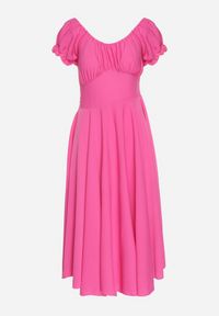 Born2be - Fuksjowa Sukienka z Bawełną Typu Hiszpanka z Ozdobnymi Bufkami Lunaleia. Okazja: na co dzień. Typ kołnierza: dekolt hiszpanka. Kolor: różowy. Materiał: bawełna. Styl: klasyczny, casual, elegancki #7