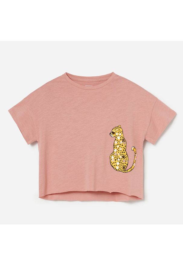 Reserved - Bawełniany t-shirt z aplikacją - Różowy. Kolor: różowy. Materiał: bawełna. Wzór: aplikacja