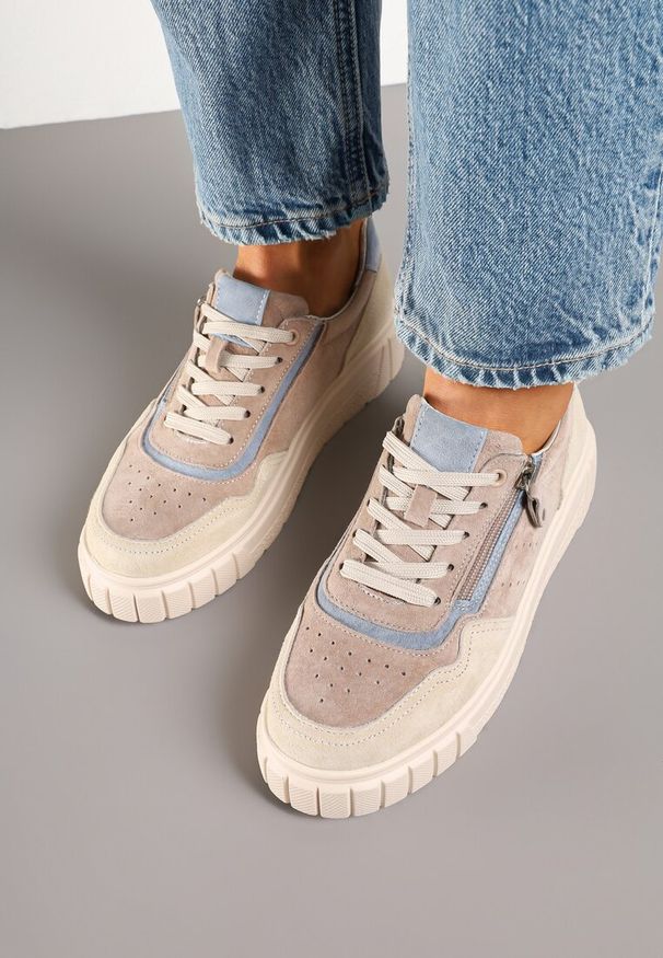Renee - Ciemnobeżowe Sneakersy ze Skóry Naturalnej z Ozdobnym Suwakiem Tilliraya. Okazja: na co dzień. Kolor: beżowy. Materiał: skóra. Wzór: aplikacja