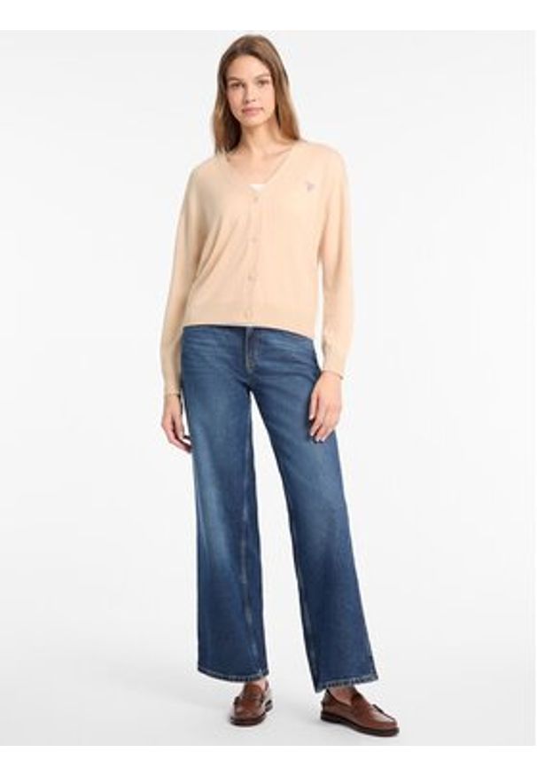 Guess Jeans Sweter 168521 Beżowy Classic Fit. Kolor: beżowy. Materiał: syntetyk