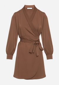 Born2be - Brązowa Kopertowa Sukienka Ozdobiona Paskiem Nalimera. Kolor: brązowy. Wzór: aplikacja. Typ sukienki: kopertowe. Styl: klasyczny, elegancki #5