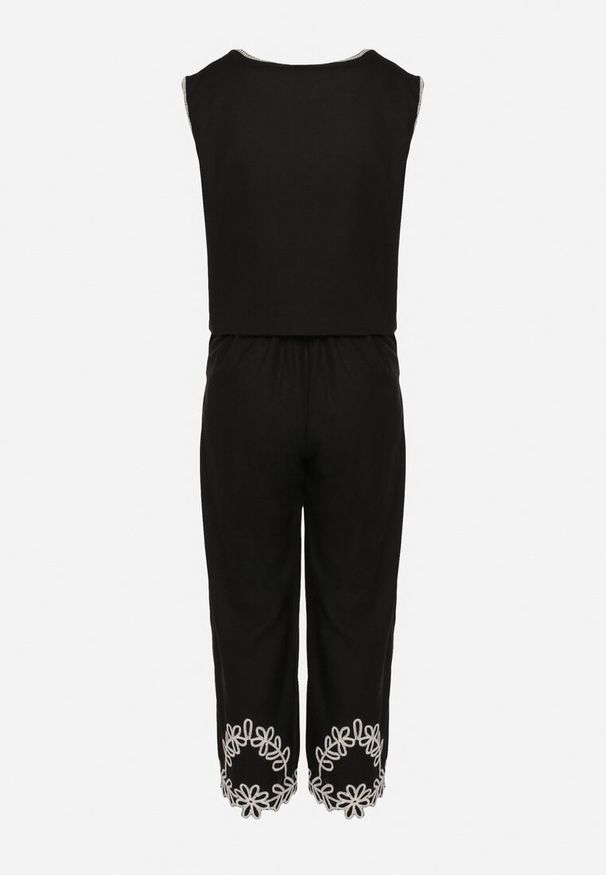 Born2be - Czarny Komplet z Bawełny Kamizelka i Spodnie Zdobione Haftem Sesitria. Kolor: czarny. Materiał: bawełna. Wzór: aplikacja, haft