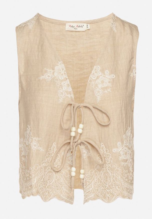 Born2be - Beżowa Kamizelka w Stylu Boho z Haftem i Wiązaniem z Koralikami Olreis. Okazja: na co dzień. Kolor: beżowy. Materiał: jeans, koronka. Wzór: haft. Sezon: wiosna, lato. Styl: boho