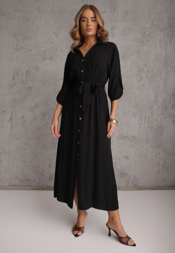 Renee - Czarna Koszulowa Sukienka Utility z Bawełny z Wiązanym Paskiem w Talii Retona. Okazja: na co dzień. Kolor: czarny. Materiał: bawełna. Sezon: lato. Typ sukienki: koszulowe. Styl: boho, glamour, casual