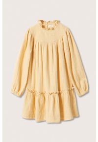 Mango Kids sukienka bawełniana dziecięca Karen kolor żółty mini rozkloszowana. Typ kołnierza: kołnierzyk stójkowy. Kolor: żółty. Materiał: bawełna. Długość rękawa: długi rękaw. Typ sukienki: rozkloszowane. Długość: mini #5