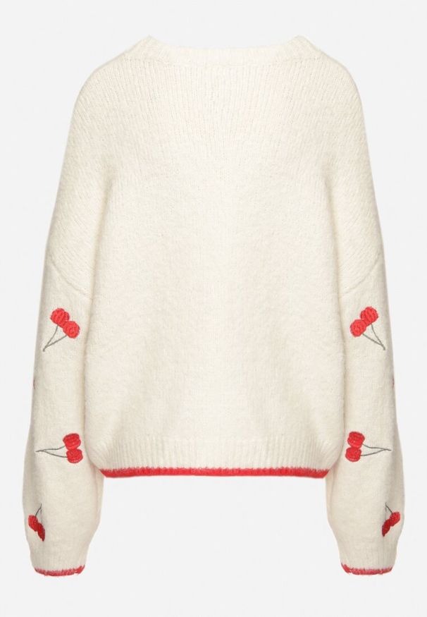 Born2be - Jasnobeżowy Sweter z Domieszką Wełny z Motywem Wisienek Sintovia. Okazja: na co dzień. Kolor: beżowy. Materiał: wełna. Styl: casual