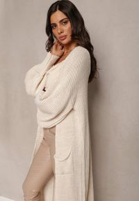 Renee - Jasnobeżowy Kardigan Długi z Bufiastym Rękawem Mesho. Kolor: beżowy. Materiał: jeans. Długość: długie. Styl: elegancki
