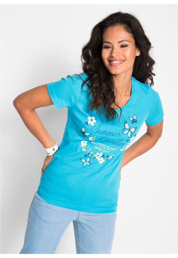 bonprix - Koszulka bawełniana, krótki rękaw. Kolor: niebieski. Materiał: bawełna. Długość rękawa: krótki rękaw. Długość: krótkie. Wzór: nadruk