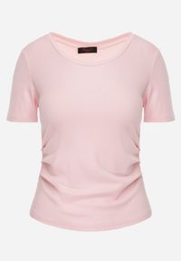 Renee - Różowy T-shirt w Prążki z Marszczeniami po Bokach Nedala. Okazja: na co dzień. Kolor: różowy. Wzór: prążki. Styl: casual, elegancki #2