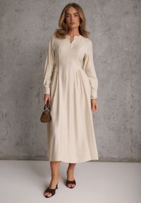 Renee - Beżowa Wiskozowa Sukienka o Kroju Podkreślającym Sylwetkę z Wiązaniem Pedomea. Okazja: na co dzień. Kolor: beżowy. Materiał: wiskoza. Styl: elegancki, casual #1
