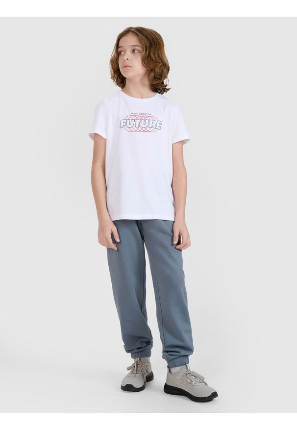 4f - 4F T-shirt regular z nadrukiem chłopięcy - biały 122 (6-7 lat). Okazja: na co dzień. Kolor: biały. Materiał: bawełna, jersey, dzianina. Długość rękawa: krótki rękaw. Długość: krótkie. Wzór: nadruk. Sezon: lato. Styl: sportowy, klasyczny, casual