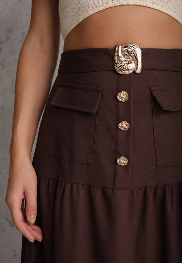 Renee - Brązowa Elegancka Spódnica z Wiskozą i Lnem o Rozkloszowanym Kroju Phridoe. Okazja: na co dzień. Kolor: brązowy. Materiał: len, wiskoza. Wzór: gładki. Styl: elegancki