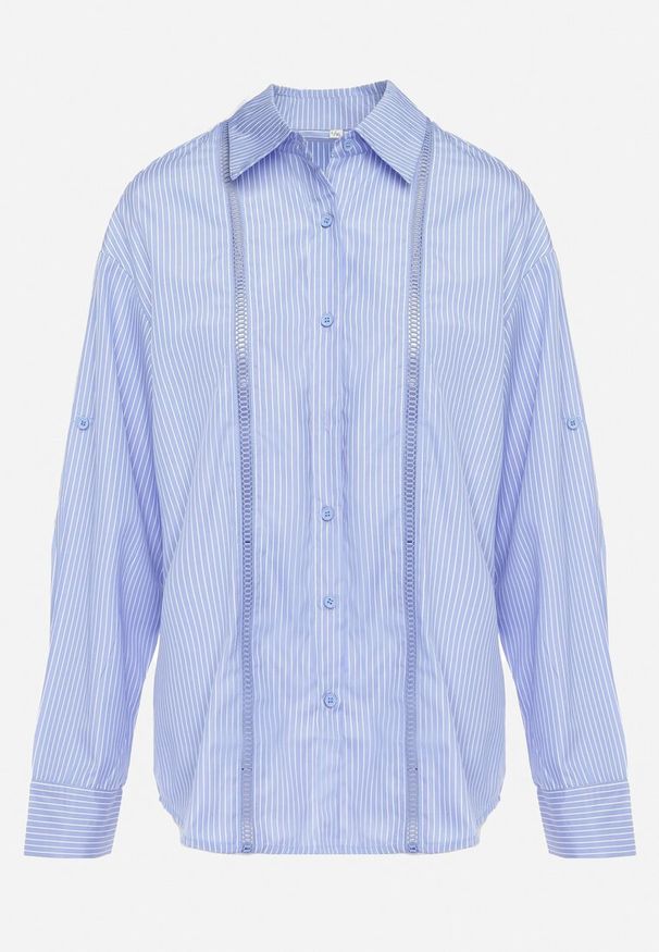 Born2be - Jasnoniebieska Bawełniana Koszula w Paski z Ażurową Taśmą po Bokach Delvia. Kolor: niebieski. Materiał: bawełna. Wzór: ażurowy, paski. Styl: elegancki, klasyczny