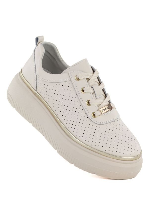 Skórzane półbuty na platformie ażurowe beżowe T.Sokolski W26-844. Kolor: beżowy. Materiał: skóra. Wzór: ażurowy. Obcas: na platformie