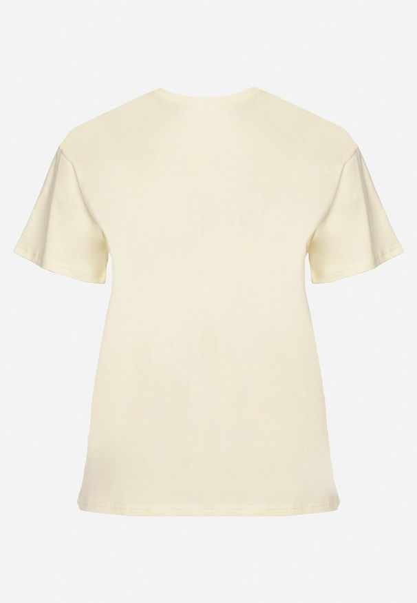 Born2be - Żółty Bawełniany T-shirt z Ozdobnym Napisem i Cyrkoniami Olisandra. Okazja: na co dzień. Kolekcja: plus size. Kolor: żółty. Materiał: bawełna. Wzór: napisy. Styl: casual, klasyczny