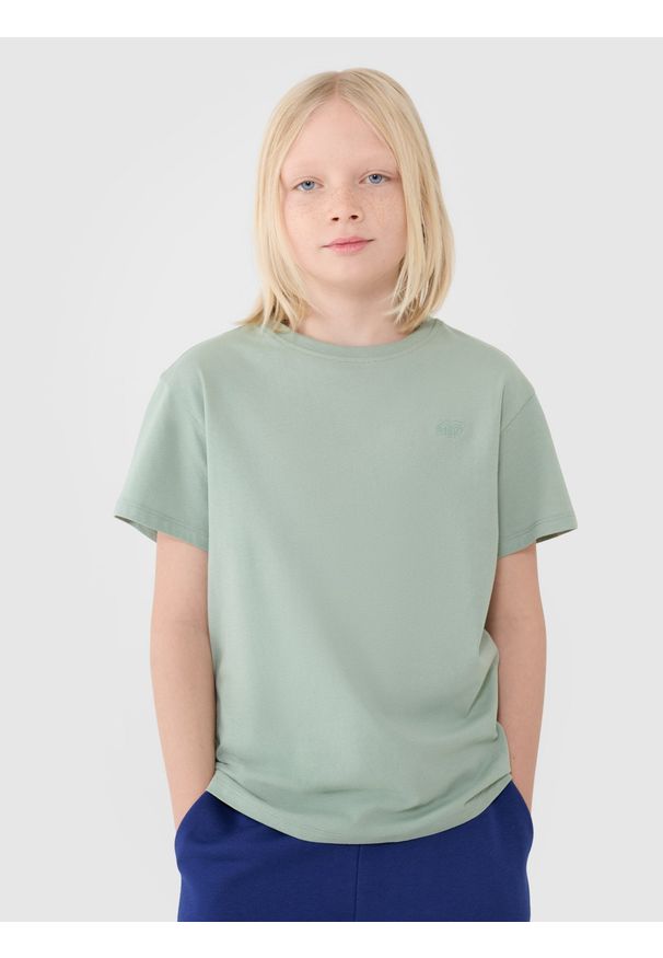 4f - 4F T-shirt oversize gładki chłopięcy - zielony 134 (8-9 lat). Okazja: na co dzień. Kolor: zielony. Materiał: dzianina, bawełna, jersey. Długość rękawa: krótki rękaw. Długość: krótkie. Wzór: gładki. Sezon: lato. Styl: klasyczny, sportowy, casual