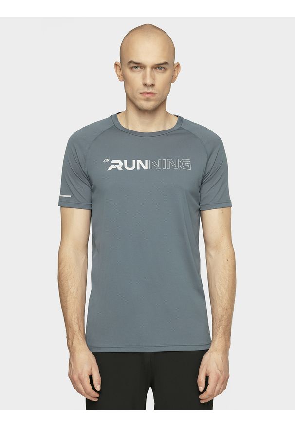 4f - Koszulka do biegania męska. Kolor: szary. Materiał: dzianina, włókno, materiał, skóra. Długość rękawa: raglanowy rękaw. Sport: bieganie