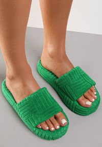 Renee - Zielone Kapcie Thalephone. Nosek buta: otwarty. Zapięcie: bez zapięcia. Kolor: zielony. Materiał: materiał. Wzór: aplikacja, geometria #5