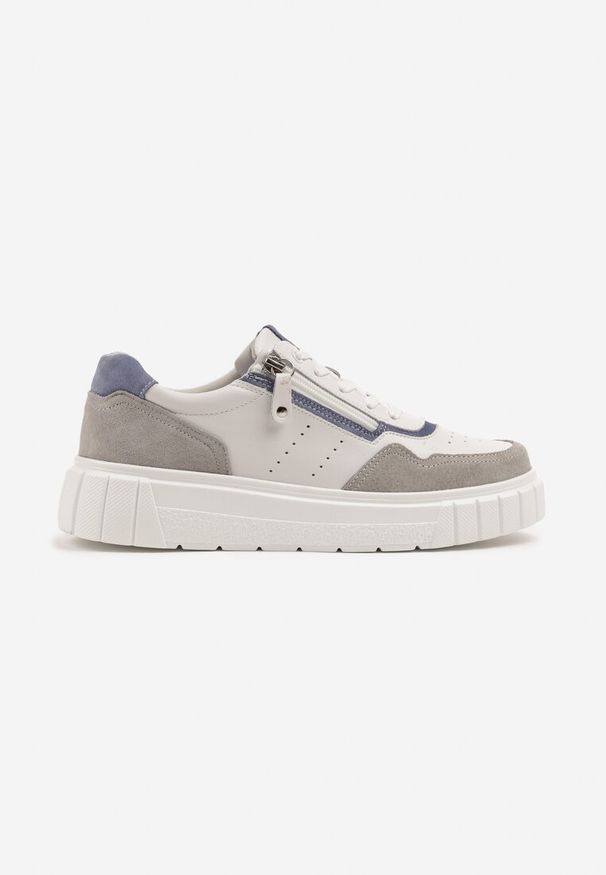 Born2be - Białe Sneakersy Skórzane na Niskiej Platformie z Suwakiem Sorlane. Okazja: na co dzień. Kolor: biały. Materiał: skóra. Obcas: na platformie