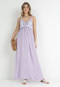 Born2be - Fioletowa Sukienka Wing In. Kolor: fioletowy. Materiał: bawełna. Długość rękawa: na ramiączkach. Wzór: aplikacja. Sezon: lato. Długość: maxi #5