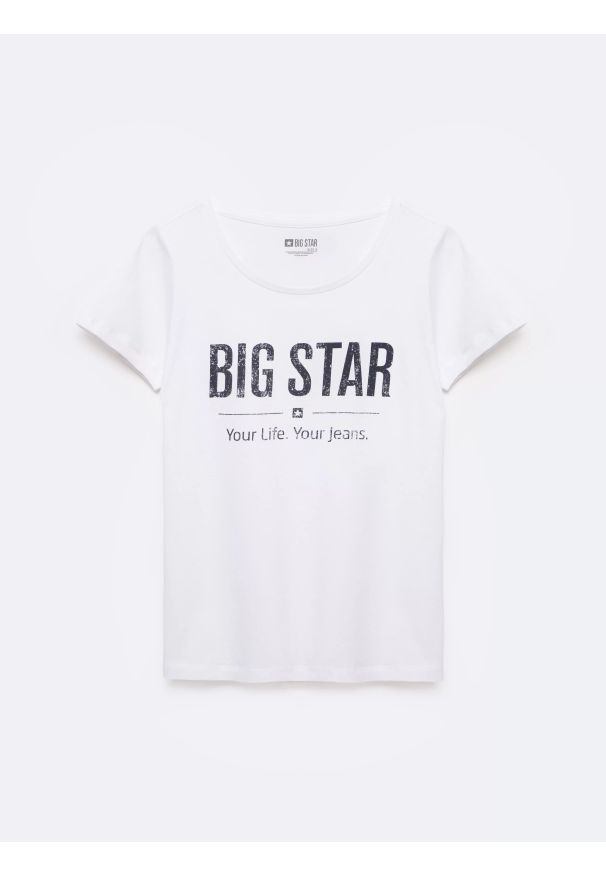 Big-Star - koszulka damska o klasycznym kroju biała brunona 101. Okazja: na co dzień. Kolor: biały. Materiał: bawełna, jeans, dzianina. Wzór: nadruk, napisy. Styl: klasyczny