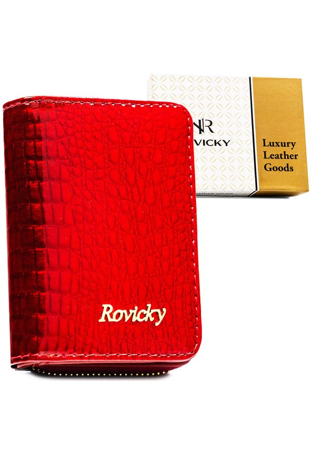 ROVICKY - Lakierowany, skórzany portfel damski w czerwonym kolorze zamykany suwakiem RH-33-1-RS Rovicky. Kolor: czerwony. Materiał: skóra, lakier