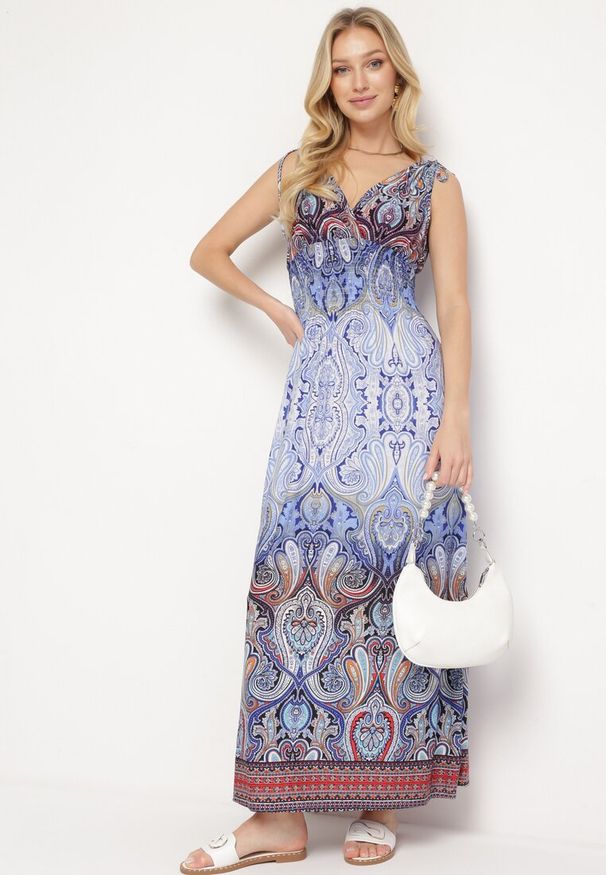 Born2be - Niebieska Sukienka Boho na Lato ze Sznurkami na Ramionach i Gumką w Talii Aharleta. Kolor: niebieski. Sezon: lato. Styl: boho