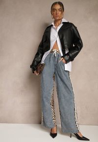 Renee - Czarna Krótka Kurtka Ramoneska w Stylu Trencza Niladoria. Okazja: na spotkanie biznesowe, do pracy. Kolor: czarny. Materiał: jeans. Długość: krótkie. Wzór: paski. Styl: biznesowy, elegancki #4