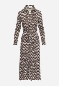 Born2be - Brązowa Sukienka Koszulowa Midi w Geometryczny Wzór z Paskiem Anelfi. Kolor: brązowy. Materiał: materiał. Wzór: geometria. Typ sukienki: koszulowe. Długość: midi #6