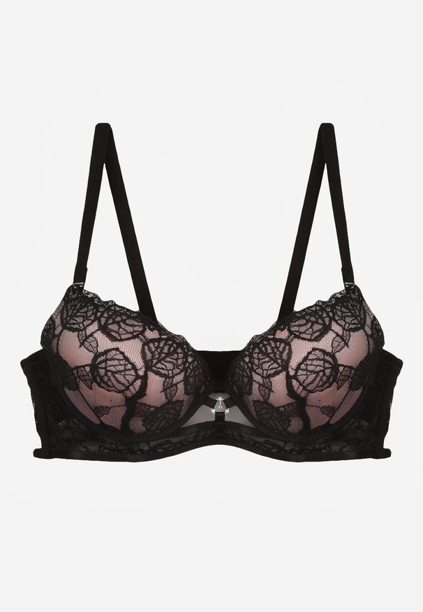 Renee - Czarno-Beżowy Koronkowy Biustonosz w Klasycznym Stylu z Aplikacją Galinassa. Kolor: czarny. Materiał: koronka. Wzór: aplikacja