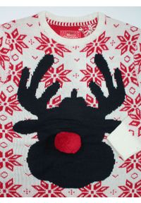 Sweter Świąteczny, Biało-Czerwony z Reniferem, Nos z Pompona, Śmieszny na Prezent, Męski -Brave Soul. Kolor: biały, wielokolorowy, czerwony. Materiał: akryl. Styl: wizytowy #4